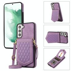 Per Samsung Galaxy S22 5G Custodia per telefono RFID con trama rombica con cordino e specchio (viola)