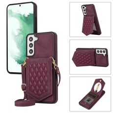 Per Samsung Galaxy S22 5G Custodia per telefono RFID a trama rombica con cordino e specchio (rosso vino)