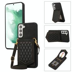 Per Samsung Galaxy S22 5G Custodia per telefono RFID a trama rombica con cordino e specchio (nero)