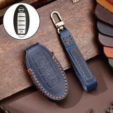 Per Nissan 5-pulsante Clacson Hallmo Car Custodia protettiva per chiave in pelle di vacchetta(Blu)