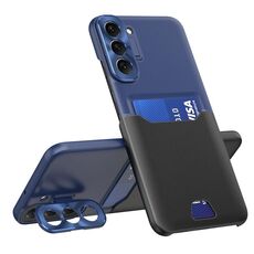 Per Samsung Galaxy S22 + 5G Custodia per telefono con supporto per obiettivo invisibile bicolore (nero + blu scuro)