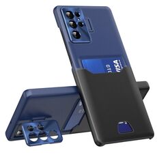 Per Samsung Galaxy S22 Ultra 5G Custodia per telefono con supporto per obiettivo invisibile a due colori (nero + blu scuro)