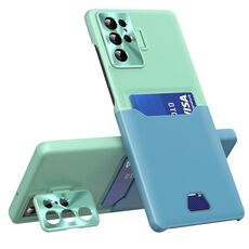 Per Samsung Galaxy S22 Ultra 5G Custodia per telefono con supporto per obiettivo invisibile a due colori (verde menta + blu)