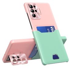 Per Samsung Galaxy S22 Ultra 5G Custodia per telefono con supporto per obiettivo invisibile a due colori (rosa + verde)