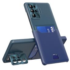 Per Samsung Galaxy S22 Ultra 5G Custodia per telefono con supporto per obiettivo invisibile a due colori (verde scuro + blu)