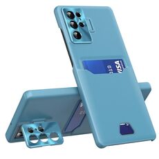 Per Samsung Galaxy S22 Ultra 5G custodia per telefono con supporto per obiettivo invisibile a colori puri (blu lago)