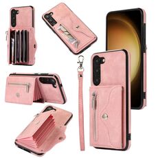 Per Samsung Galaxy S22+ 5G Zipper RFID Card Slot Custodia per telefono con cordino corto (oro rosa)