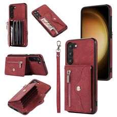 Per Samsung Galaxy S22 + 5G Zipper RFID Card Slot Custodia per telefono con cordino corto (rosso)