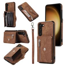 Per Samsung Galaxy S22+ 5G Zipper RFID Card Slot Custodia per telefono con cordino corto (marrone)