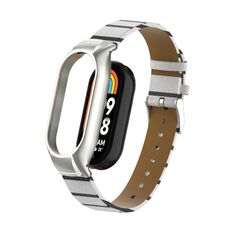 Custodia in metallo integrata per Xiaomi Mi Band 8 + cinturino in pelle di colore secondario (bianco)
