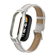 Custodia in metallo integrata per Xiaomi Mi Band 8 + cinturino in pelle con texture Litchi (bianco)