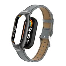 Custodia in metallo integrata per Xiaomi Mi Band 8 + cinturino in pelle con texture Litchi (grigio)