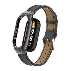 Custodia in metallo integrata per Xiaomi Mi Band 8 + cinturino in pelle cucita in microfibra (nero)