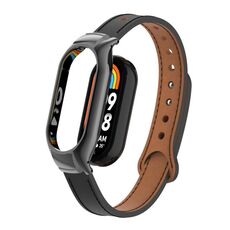 Custodia in metallo integrata per Xiaomi Mi Band 8 + cinturino in pelle in microfibra a doppio chiodo (nero)