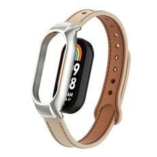 Custodia in metallo integrata per Xiaomi Mi Band 8 + cinturino in pelle in microfibra a doppio chiodo (colore tè al latte)
