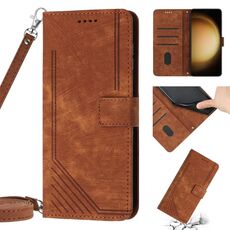 Per Samsung Galaxy S22+ 5G Custodia per telefono in pelle con motivo a strisce Skin Feel con cordino (marrone)