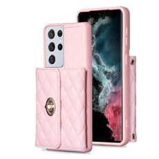 Per Samsung Galaxy S21 Ultra 5G Portafoglio con fibbia in metallo orizzontale Custodia in pelle rombica (rosa)