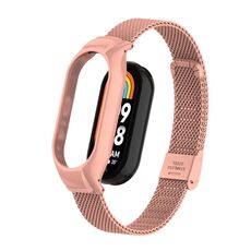 Custodia in metallo integrata per Xiaomi Mi Band 8 + cinturino con fibbia in maglia d'acciaio (rosa brillante)