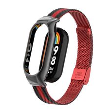 Custodia in metallo integrata per Xiaomi Mi Band 8 + cinturino con fibbia in maglia d'acciaio (nero + rosso)
