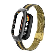 Custodia in metallo integrata per Xiaomi Mi Band 8 + cinturino con fibbia in maglia d'acciaio (nero + oro)