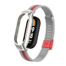 Per Xiaomi Mi Band 8 Custodia in metallo integrata + cinturino con fibbia in maglia d'acciaio (argento + rosso)