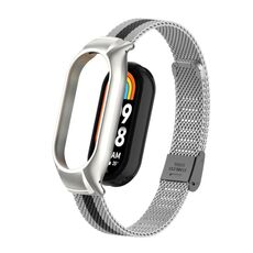 Custodia in metallo integrata per Xiaomi Mi Band 8 + cinturino con fibbia in maglia d'acciaio (argento + nero)