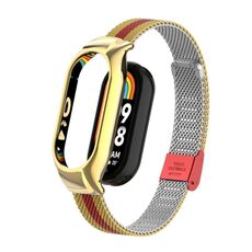 Custodia in metallo integrata per Xiaomi Mi Band 8 + cinturino con fibbia in maglia d'acciaio (oro + rosso)