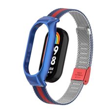 Per Xiaomi Mi Band 8 Custodia in metallo integrata + cinturino con fibbia in maglia d'acciaio (blu + rosso)
