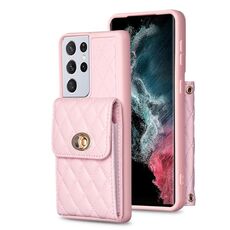 Per Samsung Galaxy S21 Ultra 5G Portafoglio con fibbia in metallo verticale Custodia in pelle romboidale (rosa)