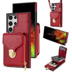 Per Samsung Galaxy S22 Ultra 5G Custodia a portafoglio per scheda hardware con cerniera (rosso)