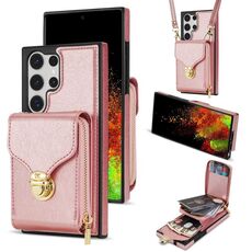 Per Samsung Galaxy S22 Ultra 5G Custodia a portafoglio per scheda hardware con cerniera (oro rosa)