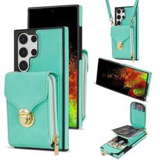 Per Samsung Galaxy S22 Ultra 5G Custodia a portafoglio per scheda hardware con cerniera (verde menta)