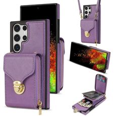 Per Samsung Galaxy S22 Ultra 5G Custodia a portafoglio per scheda hardware con cerniera (viola)