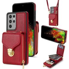 Per Samsung Galaxy S21 Ultra 5G Custodia a portafoglio per scheda hardware con cerniera (rosso)