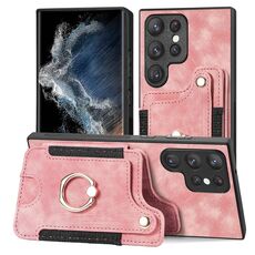 Per Samsung Galaxy S22 Ultra 5G Retro Skin-feel Ring Custodia a portafoglio multi-card (rosa)