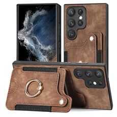 Per Samsung Galaxy S22 Ultra 5G Custodia a portafoglio multi-scheda con anello retro skin-feel (marrone)