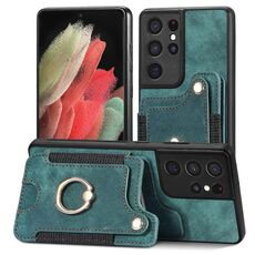 Per Samsung Galaxy S21 Ultra 5G Custodia a portafoglio con anello multi-scheda retro skin-feel (verde)