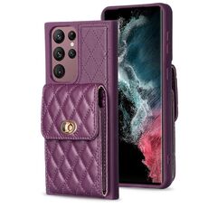 Per Samsung Galaxy S22 Ultra 5G Custodia a portafoglio verticale in pelle rombica (viola scuro)