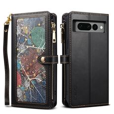 Per Google Pixel 7 Pro 5G ESEBLE Star Series Lanyard Zipper Wallet Custodia in pelle RFID (nero)