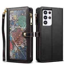Per Samsung Galaxy S21 Ultra 5G ESEBLE Star Series Lanyard Zipper Wallet Custodia in pelle RFID (nero)