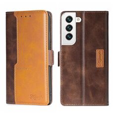 Per Samsung Galaxy S23 5G Custodia per telefono in pelle con fibbia laterale a contrasto di colore (marrone scuro + oro)