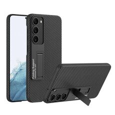Custodia per telefono antiurto in pelle liscia per Samsung Galaxy S23 5G GKK con supporto (fibra di carbonio)