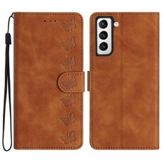 Per Samsung Galaxy S22+ 5G Custodia in pelle goffrata con sette farfalle (marrone)
