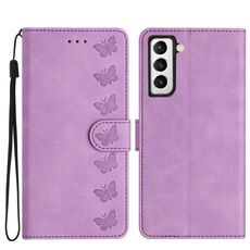 Per Samsung Galaxy S22+ 5G Custodia in pelle goffrata con sette farfalle (viola)