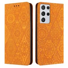 Per Samsung Galaxy S21 Ultra 5G custodia in pelle ad adsorbimento goffrata etnica (gialla)