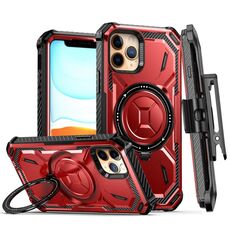 Custodia per telefono con supporto magnetico MagSafe per iPhone 12 Armor Series con clip posteriore (rosso)