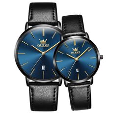 OLEVS 5869 1 paio di orologi al quarzo con cinturino in vera pelle impermeabile da coppia (blu + nero)