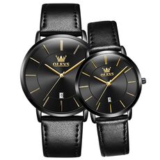 OLEVS 5869 1 paio di orologi al quarzo con cinturino in vera pelle impermeabile da coppia (nero)