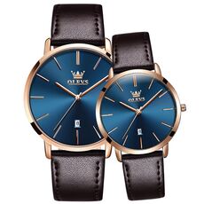 OLEVS 5869 1 paio di orologi al quarzo con cinturino in vera pelle impermeabile da coppia (blu + oro rosa)