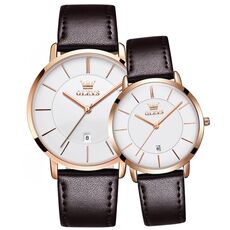 OLEVS 5869 1 paio di orologi al quarzo con cinturino in vera pelle impermeabile da coppia (bianco + oro rosa)